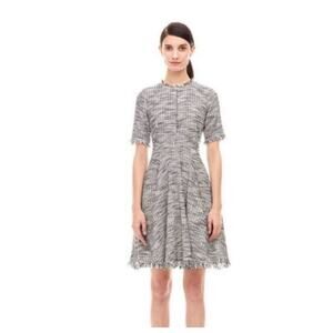 Rebecca Taylor Tweed Mini Dress White Black Size 6 Fringe Short Sleeve Lined